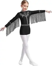 [Yhong] Kids Girls Long Sleeve Rhinestone Tassel Leotard - Sparkly Dancewear for Jazz & Stage Performance