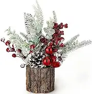 Cozioz Compact Artificial Christmas Tree with Ornaments, Red Berries, Pine Cones, and Greenery - Perfect for Home and Fireplace Mantel Decor (Tree Stump Design, Red)