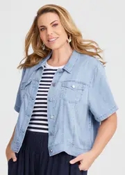 [Virtuelle] Taking Shape Chambray Short Sleeve Jacket Size 20 in Chambray Blue - Plus Size Women's Clothing Chambray Blue