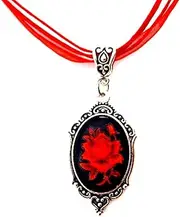 [Generic] Red Rose Cameo On Red Organza Mesh Ribbon Cord Choker gothic romantic 16-18'' adjustable necklace, 16 to 18 inches, Metal, Plastic, Fabric, glass