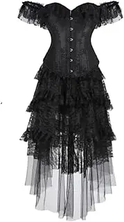 [FAWENLI] Fashion Women'S Corset Top Off Shoulder Lingerie Top Vest With Gothic Lace Skirt Overbust Bustier Lacing Medi