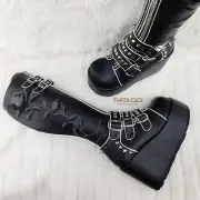 Concord Black Platform Rose Goth Studded Knee Boots 4" Wedge NY Rave DEMONIA
