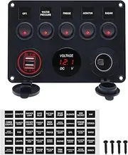 Boat 5 Gang Rocker Switch Panel for Car Rv Truck Marine Toggle Switches Waterproof 12V RED LED Aluminum Socket Panel with 4.2A Dual USB Charger + Cigarette Lighter + Voltmeter (5Gang RED)