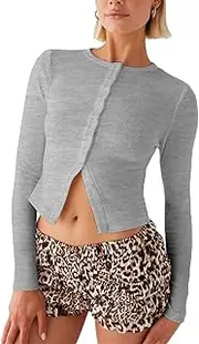 [YILEEGOO] Women's Ribbed Front Button Long Sleeve Tops Slim Fit Going Out Short Tops T-Shirt Club Tops Aesthetic Tops Shirt Streetwear