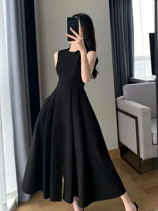 黑色連身裙女夏季無袖氣質顯瘦通勤赫本風裙子洋裝