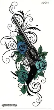 Gun & Blue Roses Temporary Tattoo