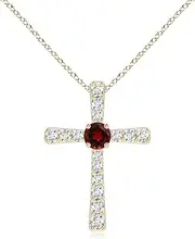 [Angara] Natural Garnet and Diamond Cross Pendant Necklace in 14ct Solid Gold for Women | January Birthstone Jewellery for Her