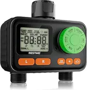 RESTMO 2 Zone Sprinkler Timer, Programmable Water Timer for Garden Hose, Automatic Digital Control | Manual ON/Off | Rain Delay for Outdoor Faucet, Drip Irrigation and Lawn Watering System