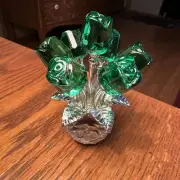 Emerald Green Crystal Glass Roses With Silver Leaves Gorgeous Floral Sculpture