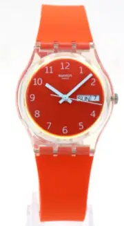 New Swiss Swatch Original ESSENTIALS RED AWAY Silicone Day-Date Watch GE722 $75