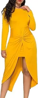 [Generic] Women's Plus Size Long Sleeve Dress Solid Round Neck Bow Tie Maxi Pencil Dress Fashion Ruched Mini Party Bodycon Dress