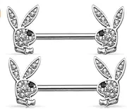 [PPYQQ] Crystal Paved Playboy Bunny Nipple Rings Ends 316L Surgical Steel Sold as Pair,Nipple Ring Bar Body Piercing Jewellery