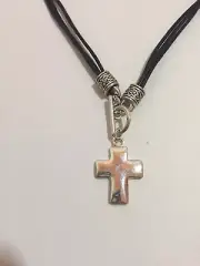 Silver Tone Metal Cross Necklace Thin Leather Cord Tied And Metal Clasp
