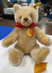 STEIFF THE ORIGNAL TEDDY BEAR JOINTED MOHAIR 9" W/ BUTTON AND TAGS AUTOGRAPHED