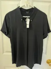 Theory black silk button up cap sleeve shirt medium