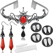Aswitnove 6 Pcs Goth Vampire Accessories with 4 Sizes Vampire Fangs Dark Bat Vampire Earrings Vampire Red Stone Comb Headpiece Tiara Halloween Costumes Makeup Props for Women Girls Party Cosplay