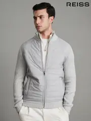Reiss Soft Grey Trainer Hybrid Quilt and Knit Zip-Through Jacket (M20732) | $360
