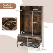 Multi-Functional Hall Tree with Cushion, Storage, and Hooks - 170 cm, Brown