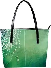 [EGGDIOQ] Leather Tote Bags Handbag Shoulder Bag Green Flower Pattern Shopping Beach Bags Shoulder Purse for Women