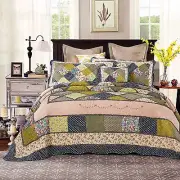 Twin Quilted Cotton Green Vintage Real Patchwork Bedding Quilt Bedspread Set