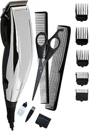 Remington Personal Haircut Kit, HC70A, Corded, 12-Piece Pack: Hair Clipper, Scissors, 5x Comb guides (3-16MM), Styling Combs, Blade Guard, Cleaning Brush And Lubricating Oil - Silver