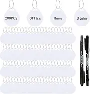 200 Pcs White Plastic Reusable Key Tags with 2 Pcs Black Marker Pen, Round Tags with Key Ring, Tough Plastic Key Chain Tags for Home, Office, School (White)