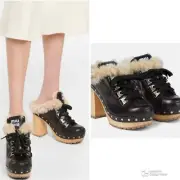 RRP US$1,350 CURRENT SEASON Miu Miu Winter Platform Mules in Black NWT