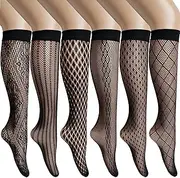 [XolngYYeng] 6 Pairs Womens Stay Up Knee High Patterned Trouser Socks Fishnet Stockings Black One Size Black