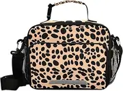 Beige Leopard Pattern Kids Lunch Box Reusable Lunch Tote with Adjustable Shoulder Belt Lunch Bags for School