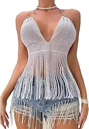 [Generic] Sparkly Mesh Rhinestone Bra Crop Top Sexy Tassel Crystal Bra Bikini Body Chains Top Deep V Neck Sleeveless Tank Top Halter Backless Bra Bikini Body Jewelry Accessories for Women and Girls