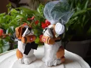 Bernard Dog Cake Topper Bride Groom Love Wedding Engagement Wood Statue