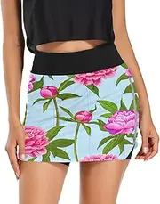 [RPLIFE] Pink Peonies Light Blue Womens Exercise Skirt, Womens Skort Athletic High Waist, Skorts Tall Women