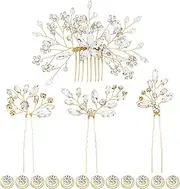 inSowni 16 Pieces Gold Metal Wedding Bridal Rhinestone Hair Side Combs+U-shaped Crystal Hair Pins Clips+Twist Spiral Rhinestone Hairpins Headpieces for Braids Braidesmaids Women Girls (16PCS S1)