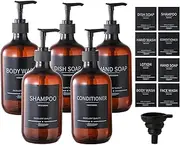 Mithrgrous 5-Pack Amber Shower Bottles Refillable With Labels, 16.9oz (500ml) Reusable Shampoo and Conditioner Dispenser Bottles