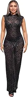 [Jigfar] Women Sexy Rhinestone Bodycon Jumpsuit Mesh See Through Patchwork Birthday Party Night Out Clubwear