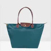 Classic Solid Color Lady Oxford Cloth Shopping Bag Nylon Shoulder Handbag Foldable Storage Bag Women's Waterproof Handbag Lake Blue M(44x30x18cm)