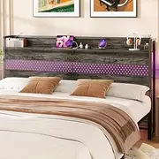 Aheaplus Headboard for King Size Bed with USB Ports, Outlets and LED Lights, King Headboard with Storage Shelf, Sturdy Metal Frame, Height Adjustable, Bed Frame Mount, Grey Oak