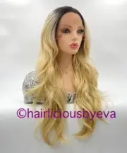 Blonde Wig Color 613 Ombré Black On Roots Lace Frontal Wavy Layered Heat Ok