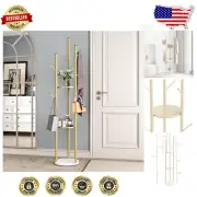 Elegant Metal & Marble Coat Hanger Stand: 9 Hooks, 2 Shelves, Glossy Gold Finish