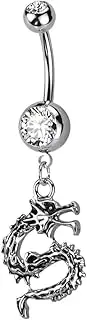 [Pierced Owl] 14GA 316L Stainless Steel CZ Crystal Dragon Dangling Belly Button Ring, Metal, cubic zirconia