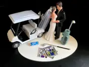 No Golf Theme Funny Cake Topper Wedding Day Reception Bride Groom Funny Cart