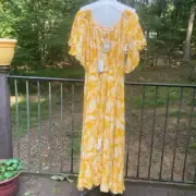 NWT Label of Love gold maxi peasant dress with white ferns short sleeves sz. M