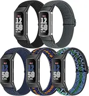 5 Pack Elastic Nylon Watch Bands Compatible for Fitbit Charge 6/Fitbit Charge 5, Adjustable Breathable Replacement Stretchy Nylon Loop Wristband Sport Strap for Women Men