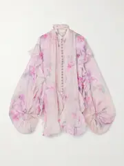 [Zimmermann] Zimmermann - Crush Tie-neck Ruffled Floral-print Linen And Silk-blend Organza Blouse - Purple - 1 1 Purple