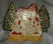 Snowmen & Christmas Tree Holiday Wall Plaque Handmade With Glitter Accents New