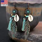 Women Boho Antique Gold Old Shell Cast Feather Tassel Gravel Earrings Hook 0070