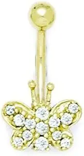 [Generic] 14ct Yellow Gold CZ 14 Gauge Dangling Butterfly Angel Wings Body Jewelry Belly Ring Measures 23x13mm Jewelry Gifts for Women