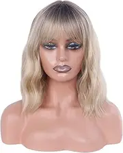 Greenmirr Short Ombre Brown Blonde Wigs BOB Wavy Wigs with Fringe Heat Resistant Synthetic Hair 14 Inches (Ombre Brown Blonde)