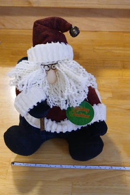 Santa Doll Jingle Bell Hat Sitting Weighted Bottom Holding Stick And Present New