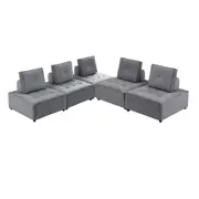 Foret 5pc Armless Seat Modular Extension Ottoman Couch Velvet Sofa Light Grey